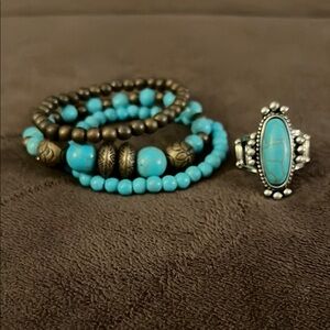 Turquoise and Brown Beaded Bracelet Set with Silver Ring